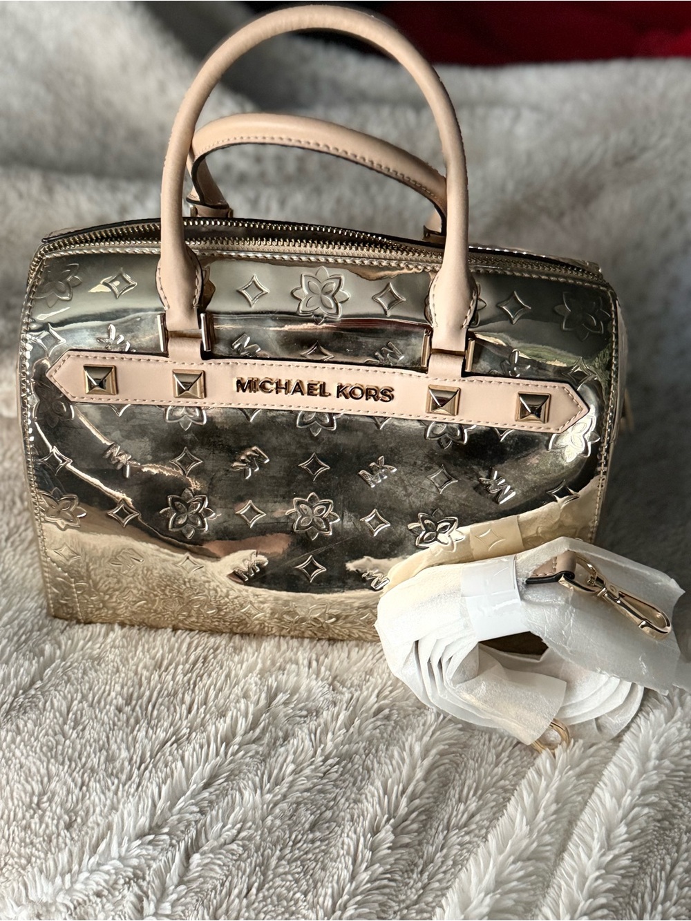 MICHAEL KORS Gold Satchel with Blush Trim
